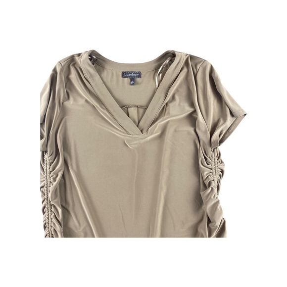 Luxology Ruched V Neck Short Sleeve Tunic Top Womens XL Beige Drawstring - Picture 2 of 6